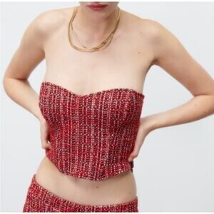 3/$20 ⭐️ Zara Red Tweed Bustier Corset Crop Top Strapless Medium Sexy Pinup